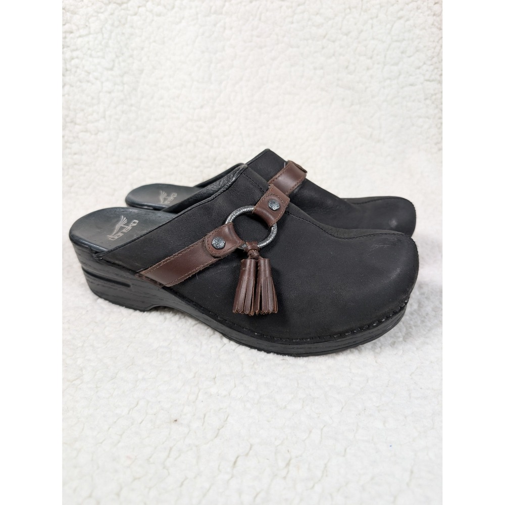 Dansko Women Black Leather Tassel Clogs Mules Shandi Slip On Shoes 41